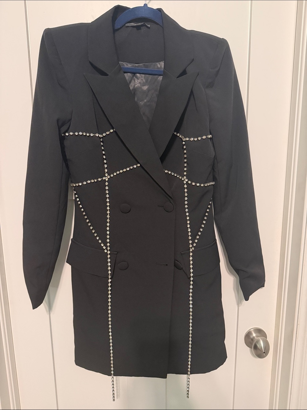Valiant Crystal-Studded Black Double-Breasted Blazer 100% Cotton Size Small